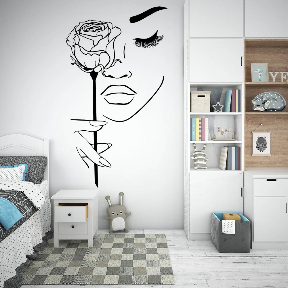 creative black girl face rose sticker for salon living room decoration self adhesive wall decal