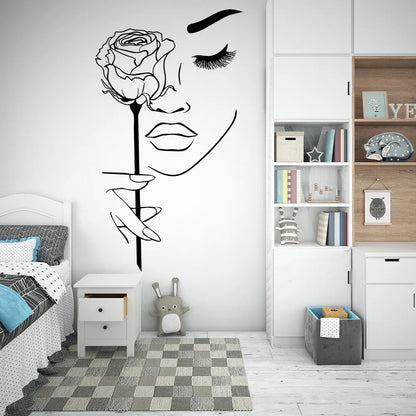 creative black girl face rose sticker for salon living room decoration self adhesive wall decal