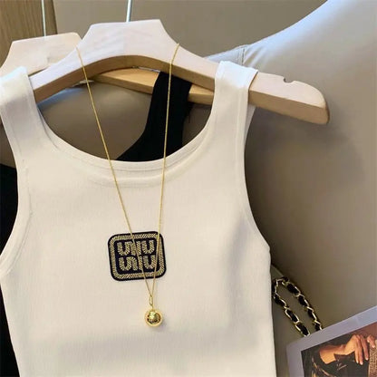 Women Summer Simplicity Slim Appear Thin Letter Embroidered Solid Color Camisole Ladies Fashion Office Lady All-match Trend Tops