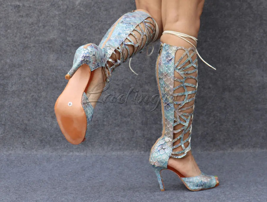 Ladingwu High-end Custom Material Fish Scale Texture Women Dance Shoes Sexy Pole Dance Boots Ladies Wedding Ballroom Shoes