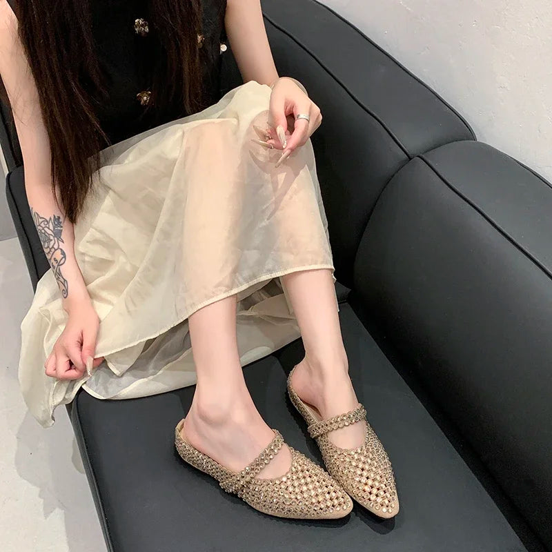 Crystal Women's Pointed Toe Slippers Luxury Flats Sandals Casual Mules Shoes Cozy New Trend Slides Fashion Dress Mujer Zapatos