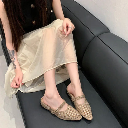 Crystal Women's Pointed Toe Slippers Luxury Flats Sandals Casual Mules Shoes Cozy New Trend Slides Fashion Dress Mujer Zapatos