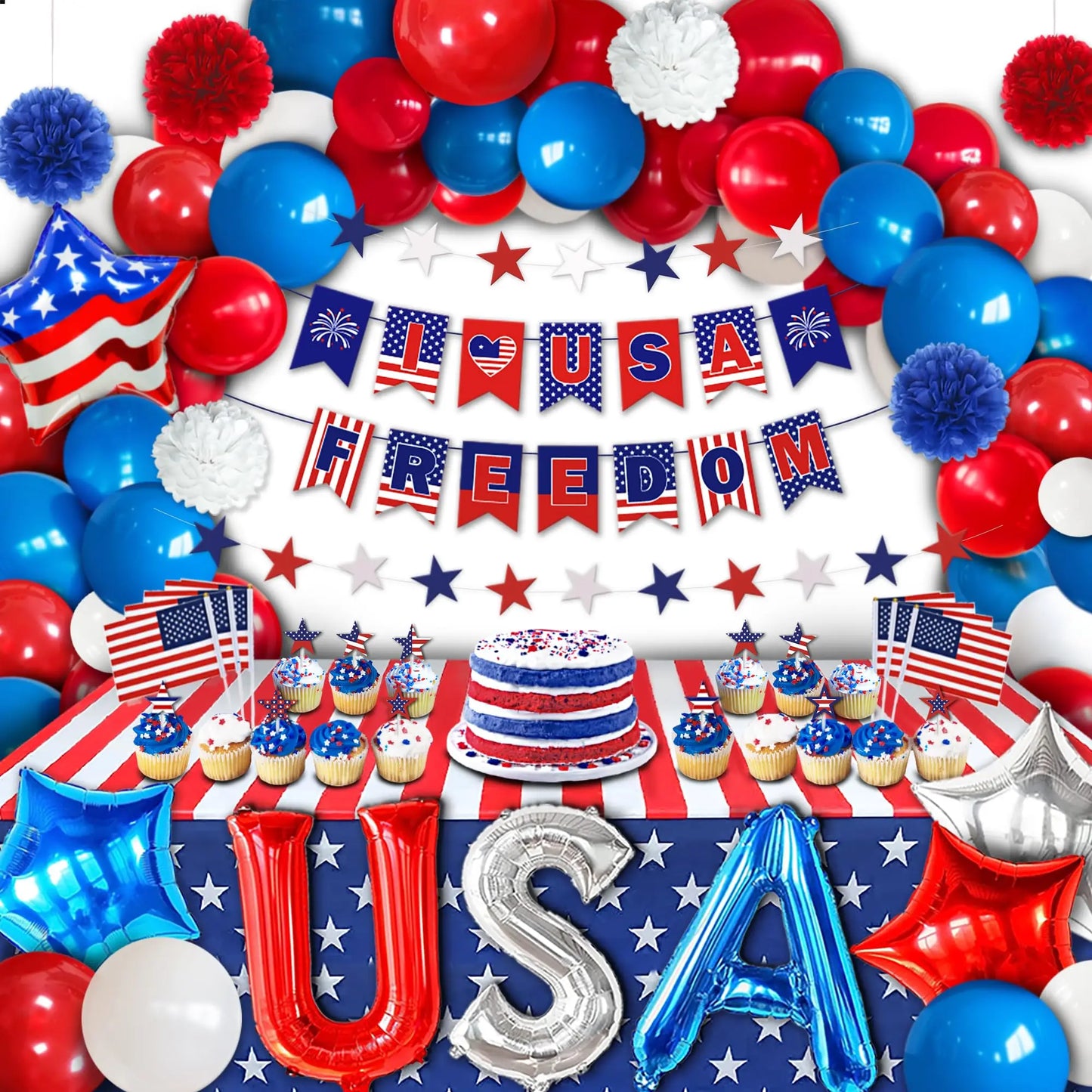 USA Theme Party Decorations American Flag Tattoo Sticker,flag Plates,banner,cups 4th Of July Independence Day Patriotic Supplies