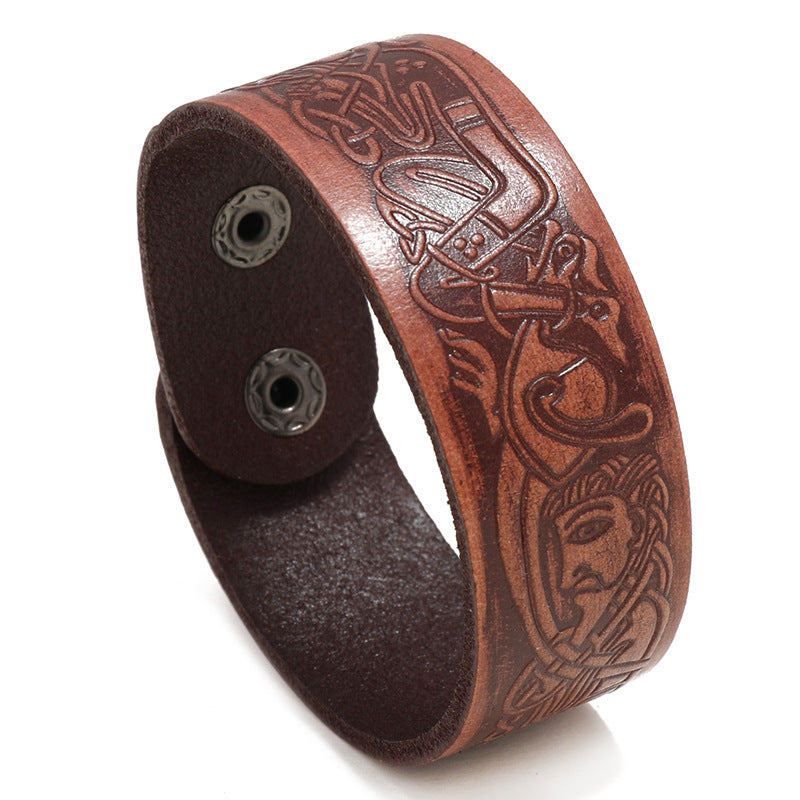 New Embossed Pattern Retro Cowhide Personalized Leather Bracelet MenCreative Jewelry European and American Style Gift