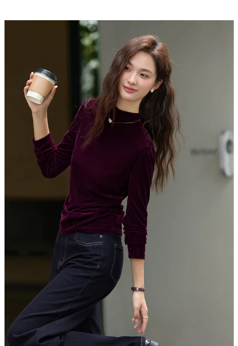 VIMLY Women's Red Velvet T-shirt Casual Knitted Slim Fit Tops Winter 2026 Vintage Mock Neck Folds Long Sleeve Ladies Tees A3305
