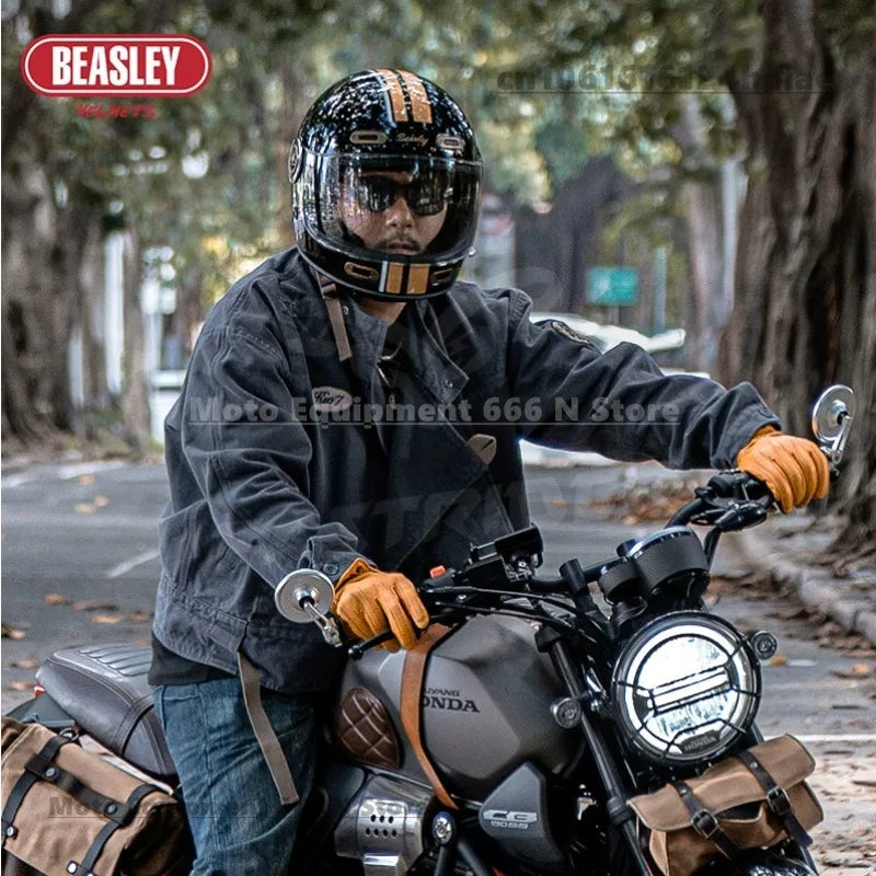 BEASLEY Retro Helmet Men's Women's Cruise Motorcycle Fiberglass Full Helmet Carbon Fiber Motorcycle Helmet DOT Certification