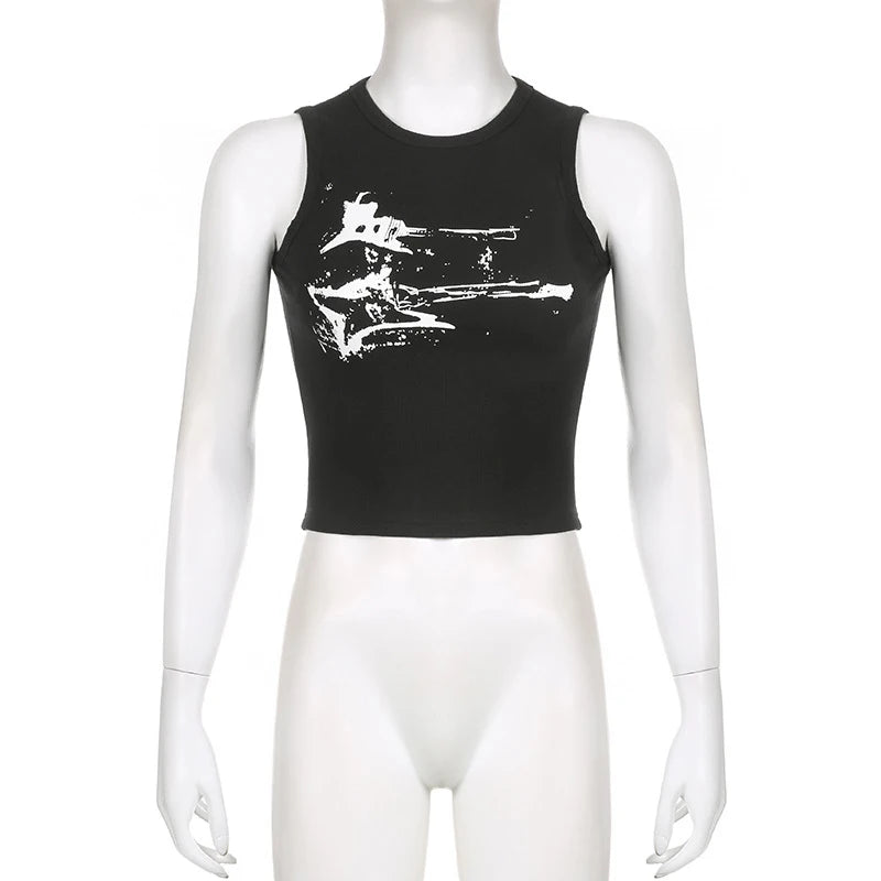Guitar Print Sleeveless Tank Top Y2K Casual Ribbed Women Grunge Crop Top Harajuku Fashion Vest Tee 90s Street Outfits