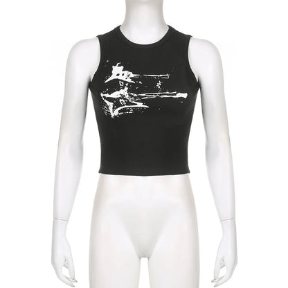 Guitar Print Sleeveless Tank Top Y2K Casual Ribbed Women Grunge Crop Top Harajuku Fashion Vest Tee 90s Street Outfits