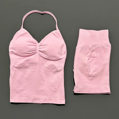 Yoga 2 Pieces Gym Set Women Backless Halter Tops High Waist Seamless Shorts Gym Suit Fitness Sports Bras Sportswear Workout Sets