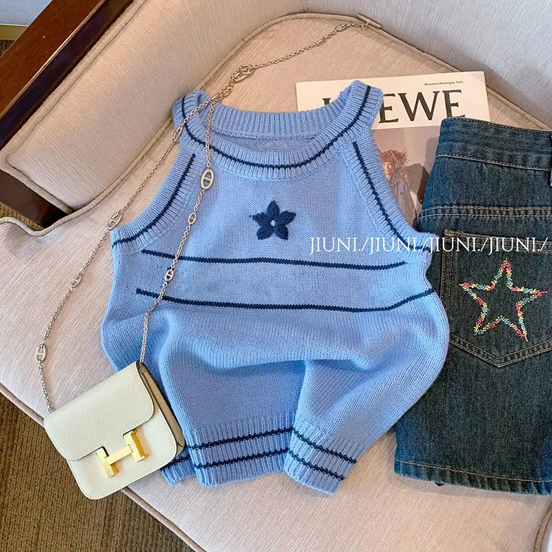 Women's Clothing Fashionable Slim O-neck Knitted Tanks Summer Sexy Chic Geometric Embroidery Sleeveless Tops