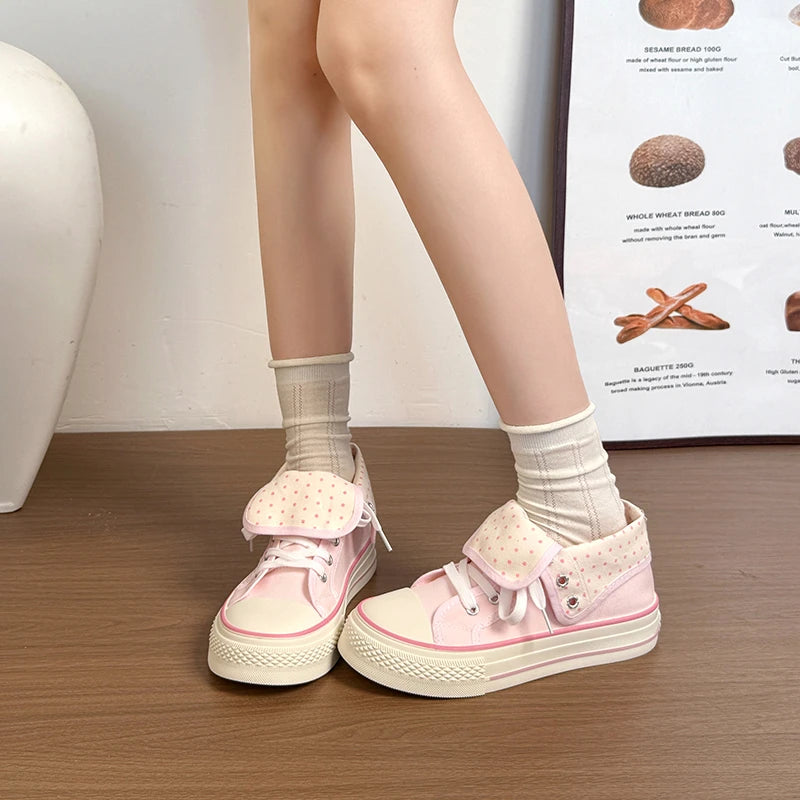 New High Help Canvas Shoes Dots Women's Casual Shoes Woman Vulcanize Sneakers Comfortable Sport Walking Platform Flats Shoes 015