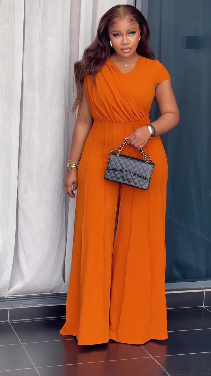 Women Shirrring Jumpsuits Mini Lenth Jumpsuit Short Sleeves V Neck Top High Waist Wide Leg Pants Casual Loose Fit 2026 Summer