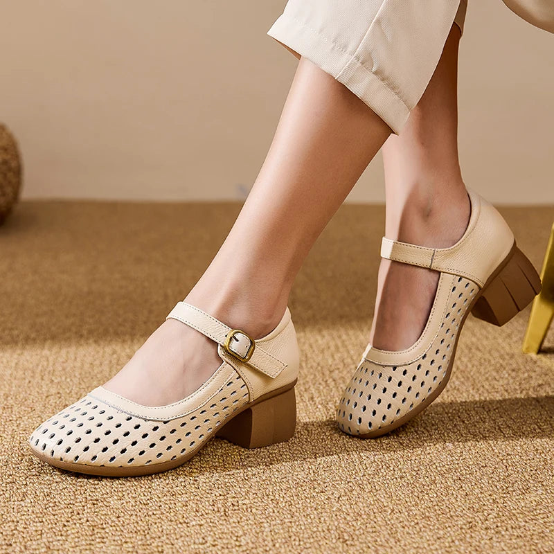 AIYUQI Women Hollow Mary Jane Shoes Genuine Leather Women Sandals Summer Comfortable Middle Aged Mother Shoes