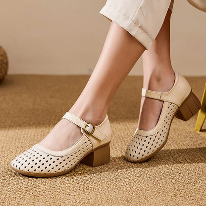 AIYUQI Women Hollow Mary Jane Shoes Genuine Leather Women Sandals Summer Comfortable Middle Aged Mother Shoes