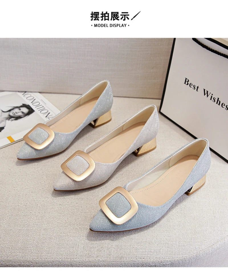 Womens Light Blue Glitter Pointed Toe Block Heel Pumps With Gold Square Buckle Detail Metallic Heel Elegant Dress Shoes Ladies