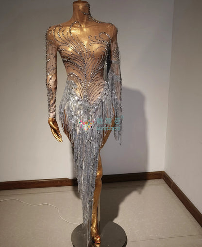Latin Dance Costume for Adults and Child Customized Senior AB Stones Fringe Dresses Team Latin Professional Performance Clothing