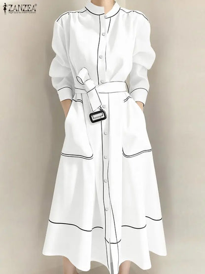 ZANZEA Fashion Long Shirt Dresses Women Elegant Streetwear Office Lady Midi Vestidos Belted Casual Autumn Long Sleeve Party Robe