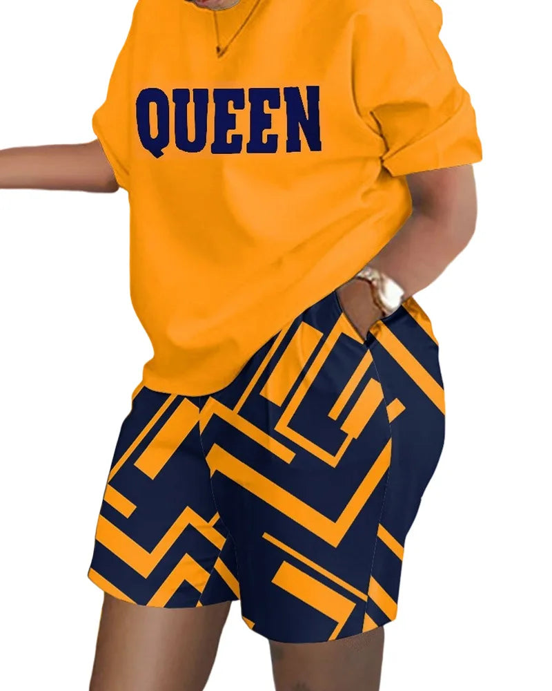 Ladies Casual Summer Two Piece Sets Printed Shorts Sets Women Round Neck Short Sleeve T Shirts Pullover High Waist Trousers Suit