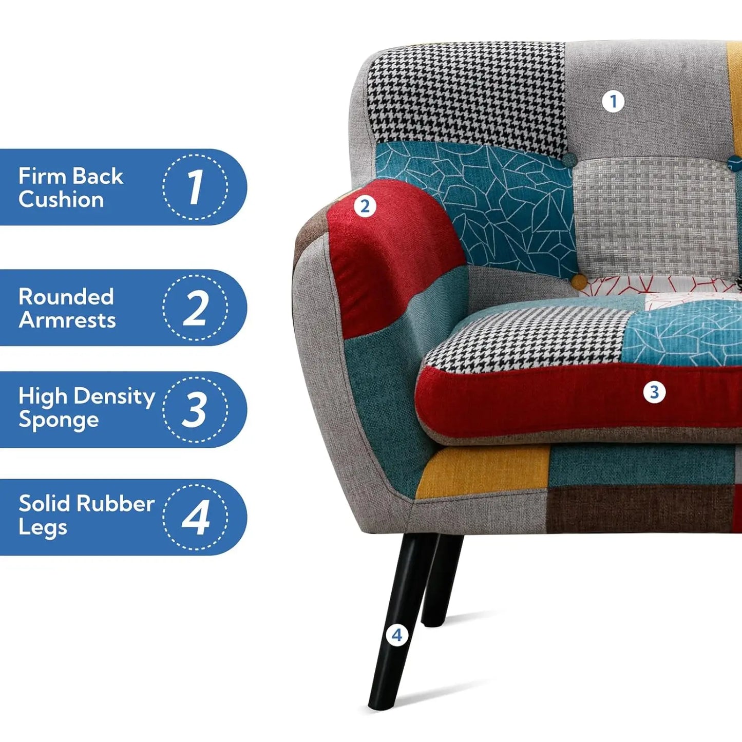 Modern Boho Loveseat Couch Sofa Chair for Living Room Bedroom, Upholstered Colorful Plaid Fabric 2-Seat Love Seat, Customized