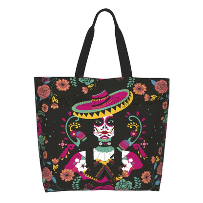 Mexican Ethnic Flowers Tote Bag Large Capacity Zipper Women Grocery Bags Purse Shopping Handbags Casual Travel Shoulder Bag