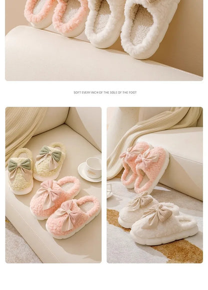 Thick Soled Non Slip Home Plush Slippers 2025 New Cotton Slippers for Women Bow Slippers for Autumn and Winter Warm for Women