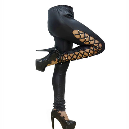 Women PU Leather Skinny Slim Trouser Gothic Punk Leggings Fishnet Trim Lace Pant Faux PU Leather Pencil Pants Club Clothing