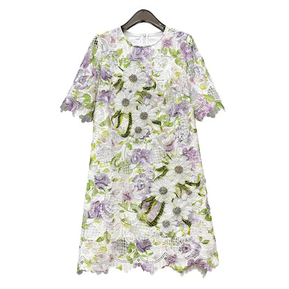 Womens Summer Hollow Embroidery Dress Short Sleeve Beaded Applique Lace Midi Dress Casual Elegant Chic Summer Party Wear