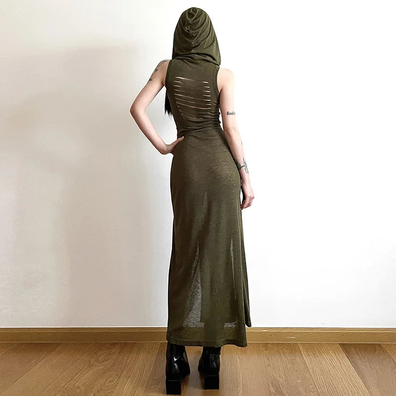 Cyber Gothic Desert Walker Hooded Dresses Y2k Punk Grunge Hollow Out Midi Dress Women Sexy Split Side Solid Streetwear