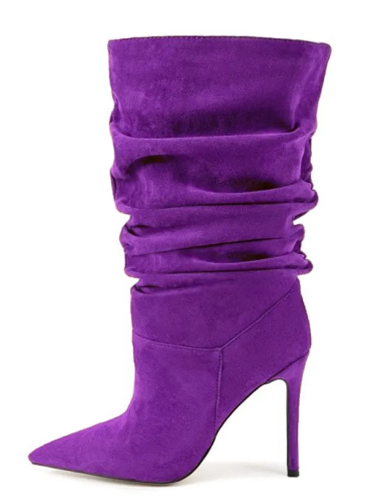 2025Women's Autumn and Winter New Pleated High-heeled Short Boots with Pointed Sleeves, Women's 35-47 Large Mid Length Boots