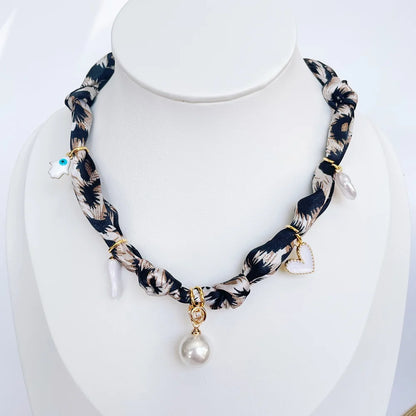Women’s Fashion Scarf Necklace with Large Stainless Steel Heart Pendant Stackable Bandana Jewelry