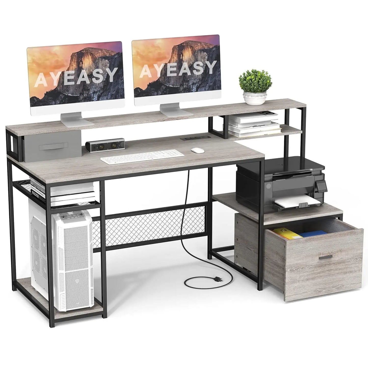 Home Office Desks with Drawers, 66'' Computer Desk with Storage, Office Desk with Monitor Stand, Work Desk with, Customized