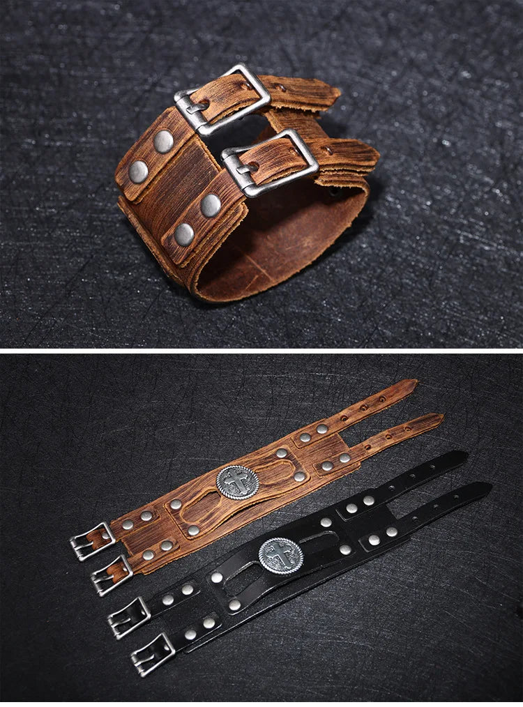 Kirykle Fashion Cross Stud Spikes Rivet Bracelet for Man Adjustable Leather Wristband Bangle Cuff Wide Cuff Punk  Jewelry Gift