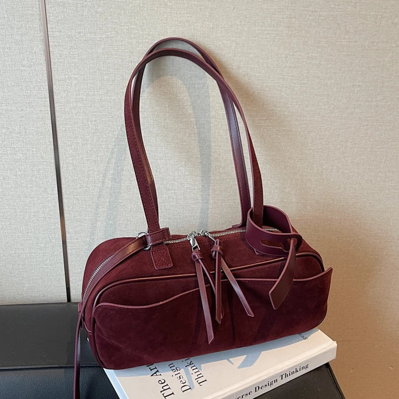 Retro Red Suede Wedding Shoulder Bag Luxury Designer Women Versatile Underarm Bags Elegant Female Large Capacity Handbags