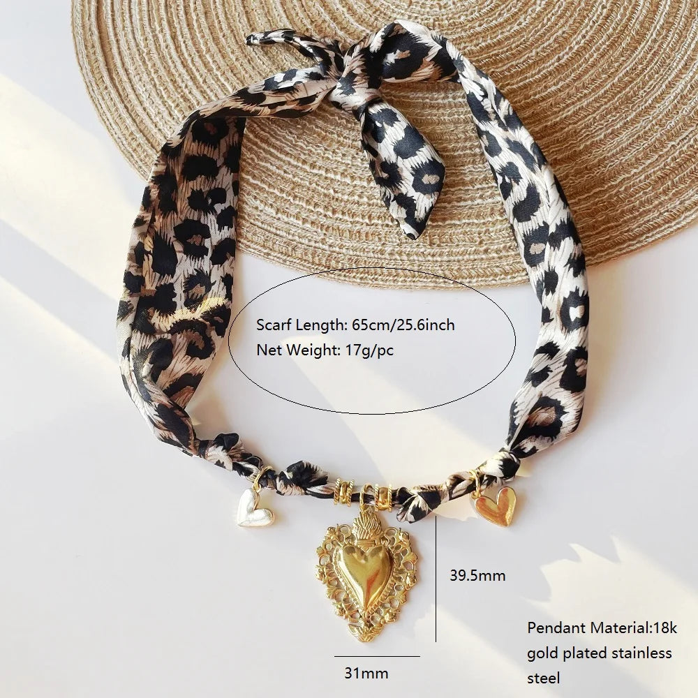 Women’s Fashion Scarf Necklace with Large Stainless Steel Heart Pendant Stackable Bandana Jewelry