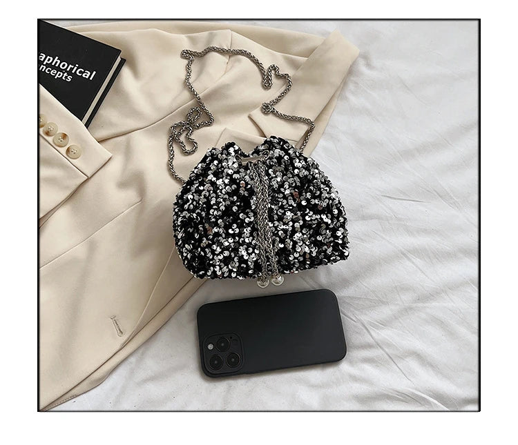 Good-looking Personality Sequin Women's New Korean Bucket Bag Bright Eyes Style Fashion Crossbody Dinner Single Shoulder Bags