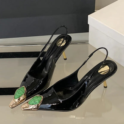 Fashion Design Inlay Gems Pointed Toe Patent Leather Sexy Slingback Sandals Women Pumps High Heels Wedding Banquet Shoes