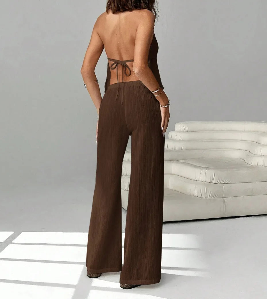 2026 Women's Summer Leisure Pants Outfits Fashion Solid Halter Tie-Up Backless Tank Tops Wide-Leg Pants 2 Pieces Set Streetwear