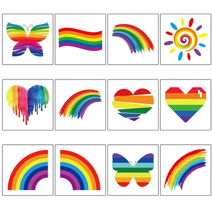 12Pcs Rainbow Temporary Tattoo Waterproof Body Art Butterfly Flower Arm Fake Tattoo Facial Stickers for Pride Festivals