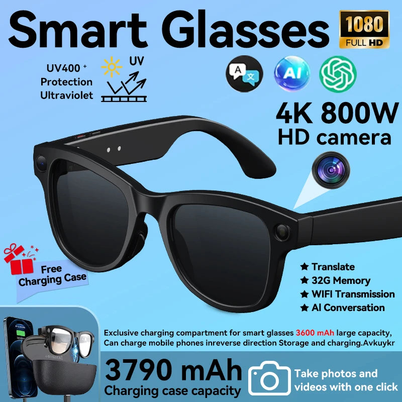 4K 800W HD Camera AI Smart Glasses Men Record Video 3790mAh Battery Languages Translation 3D Music Player Glasses With Camera