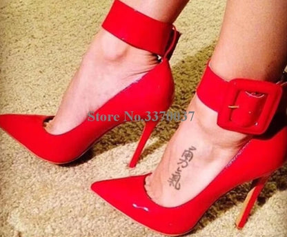 Ladies Charming Pink Patent Leather Pointed Toe Ankle Wrap Pumps Buckle Design Classical Style High Heels Formal Dress Shoes