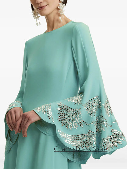2026 Evening Dress فساتين سهرة Customized Batwing Sleeves Round Neck Crystal Stones A Line Saudi Arabian Prom Gown