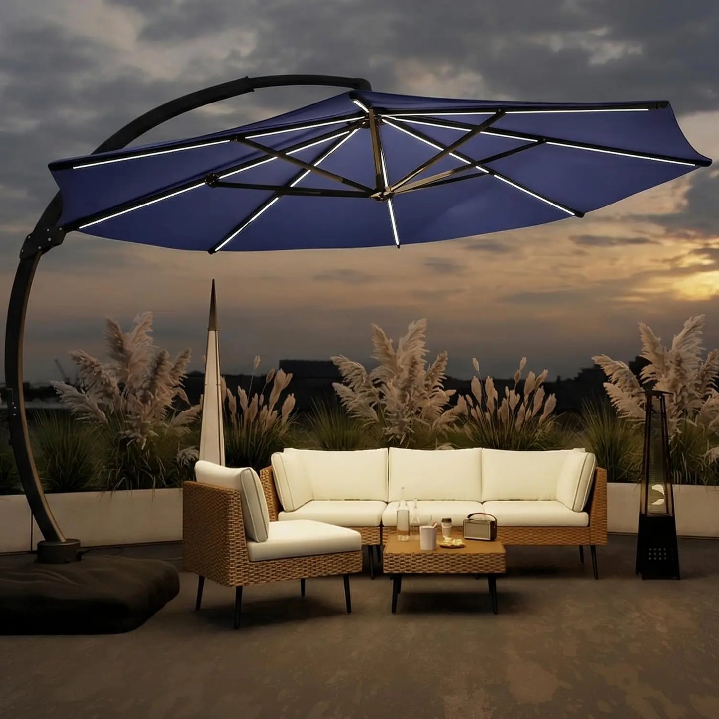 11FT Solar Powered LED Light Cantilever Patio Umbrella with Base Included, Large Cantilever Umbrella with, Customized