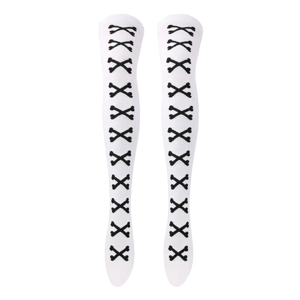 Womens Bone Thigh High Stockings Ladies Halloween Girls Black White Pink Long Over Above Knee Socks Tall Funny Cosplay Harajuku