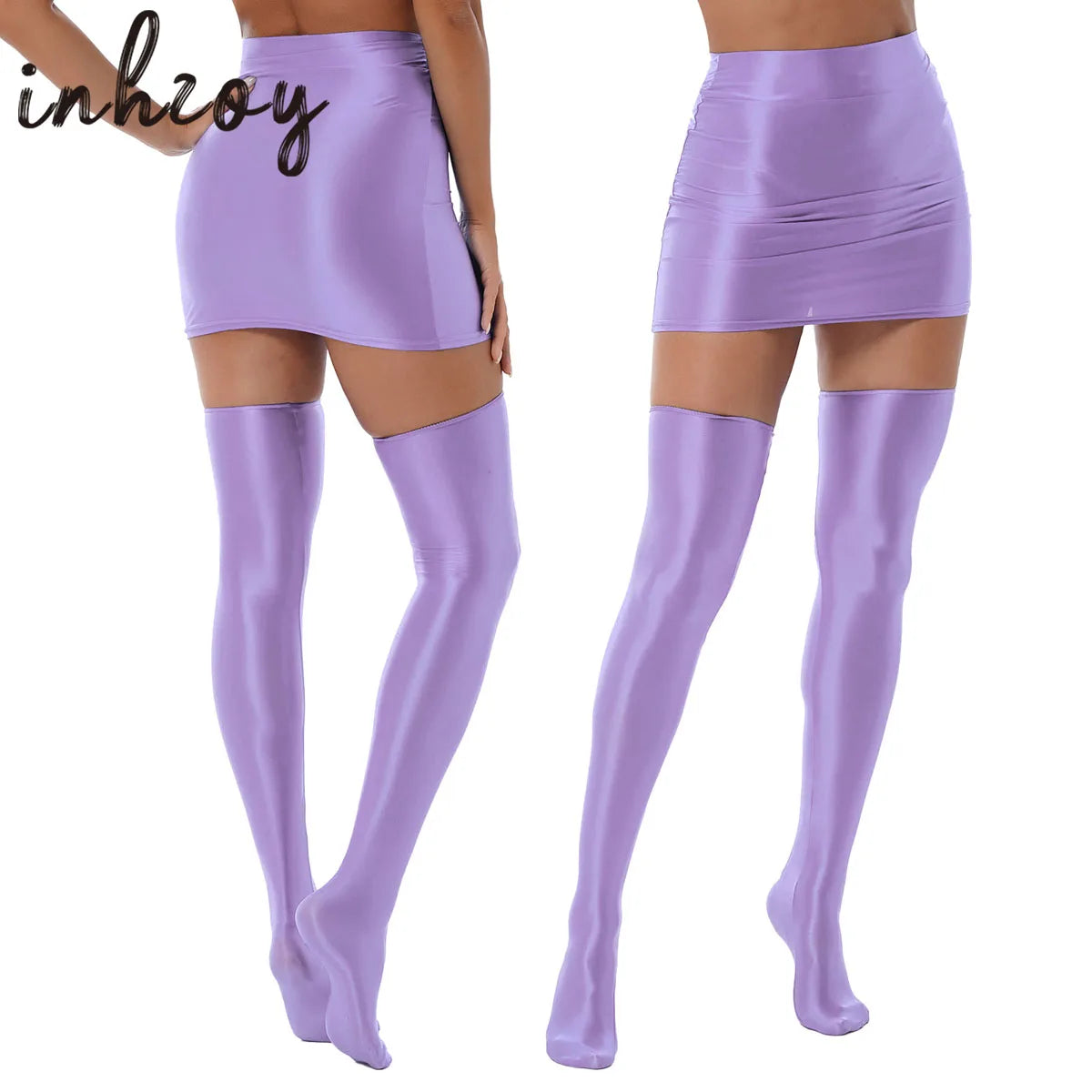 Womens Glossy Nightclub Outfit Shiny High Waist Mini Skirt with Stockings Set Rave Party Cheer Booty Workout Pole Dance Clubwear
