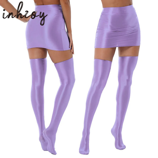 Womens Glossy Nightclub Outfit Shiny High Waist Mini Skirt with Stockings Set Rave Party Cheer Booty Workout Pole Dance Clubwear