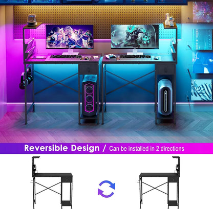 33.7 Inch L-Shaped Gaming Desk with LED Lights, Power Outlets & Storage - Compact Corner PC Desk for Home Office
