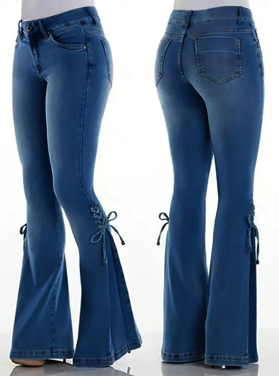 Flare Pants for Women Vintage Jeans Lace Up Stretch Mid Waist Skinny Distressed Washed 2025 Streetwear Female Denims Trousers