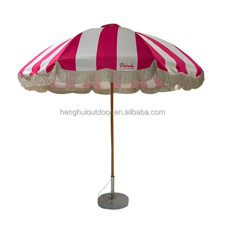 Pink Yellow Blue Striped Parasols Umbrellas Outdoor Luxury Aluminium Market Style Beach Umbrella with Fringe Outdoor for Shop