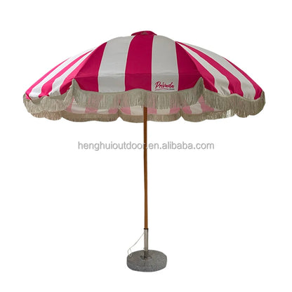Pink Yellow Blue Striped Parasols Umbrellas Outdoor Luxury Aluminium Market Style Beach Umbrella with Fringe Outdoor for Shop
