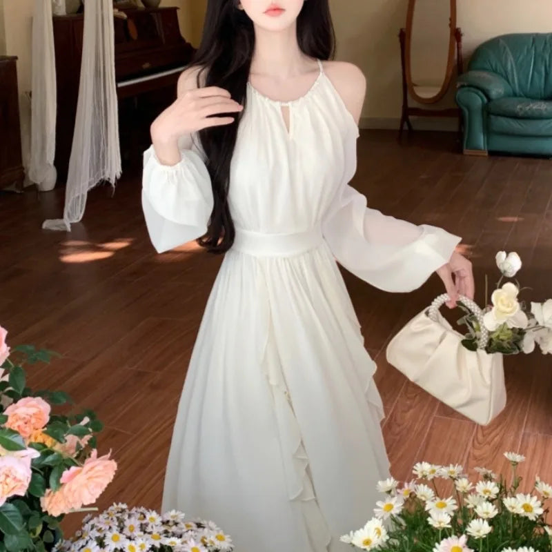 Off Shoulder Dresses for Women Long Sleeve Thin Spring Summer A-line Elegant Ins Girls Casual Solid Minimalist Fitness Beauty